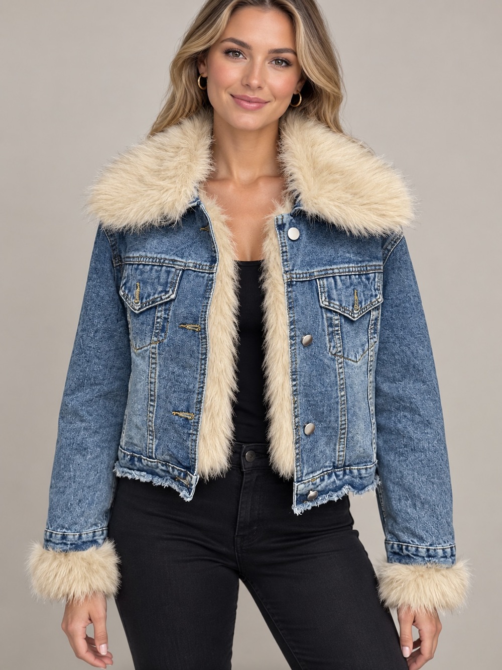 Vanita Brand Blue Denim Jacket with Removable Cream Faux Fur Trim. Size S/M
